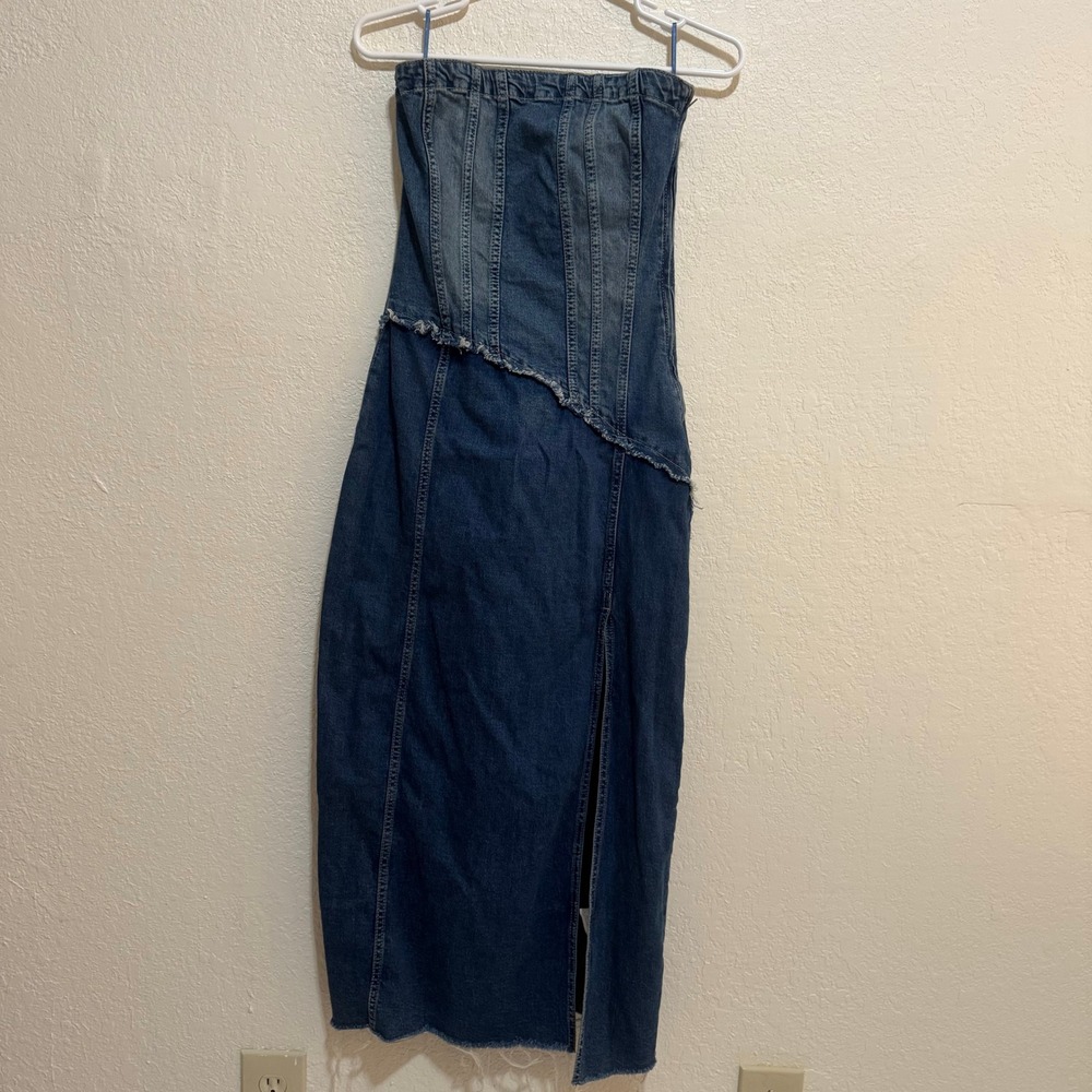 Zara Strapless Denim Midi Dress Corset Bodice Blue Dark Wash Raw Hem Medium TRF